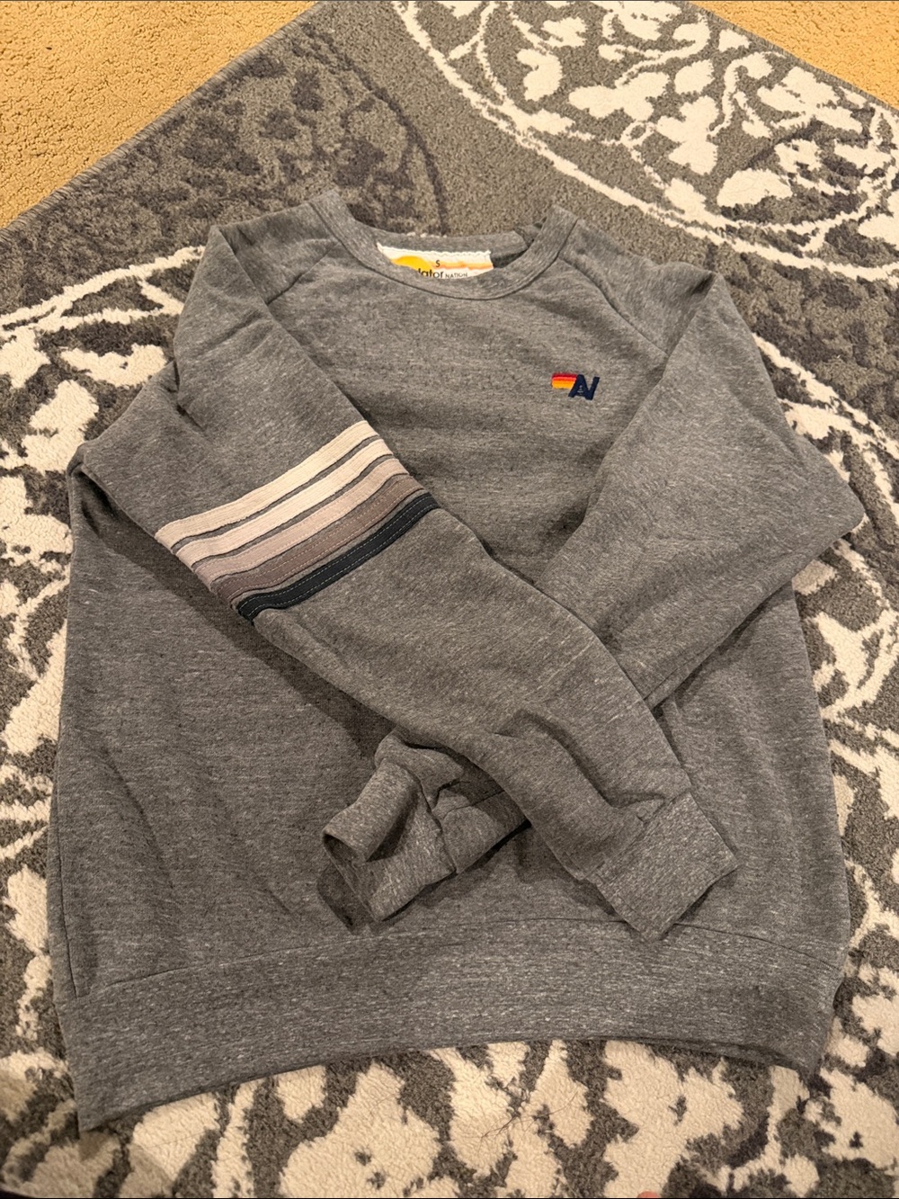 Aviator Nation Gray Crewneck with Multicolor Sleeve Stripes